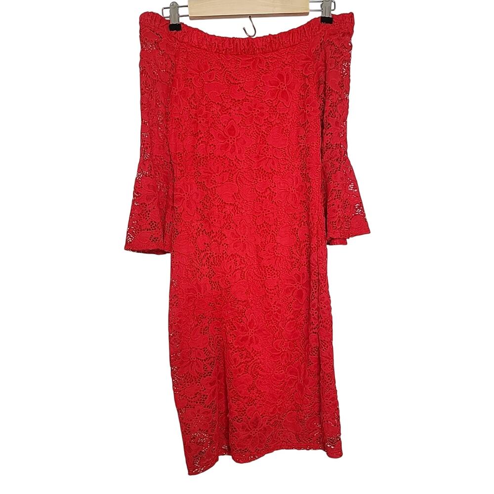Leyva Red Lace Bodycon Dress S/M Bell‎ Sleeve Cocktail Holiday Christmas Party